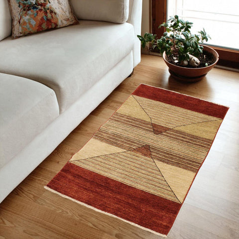handmade Modern Gabbeh Beige Red Hand Knotted RECTANGLE 100% WOOL area rug 3' x 5'
