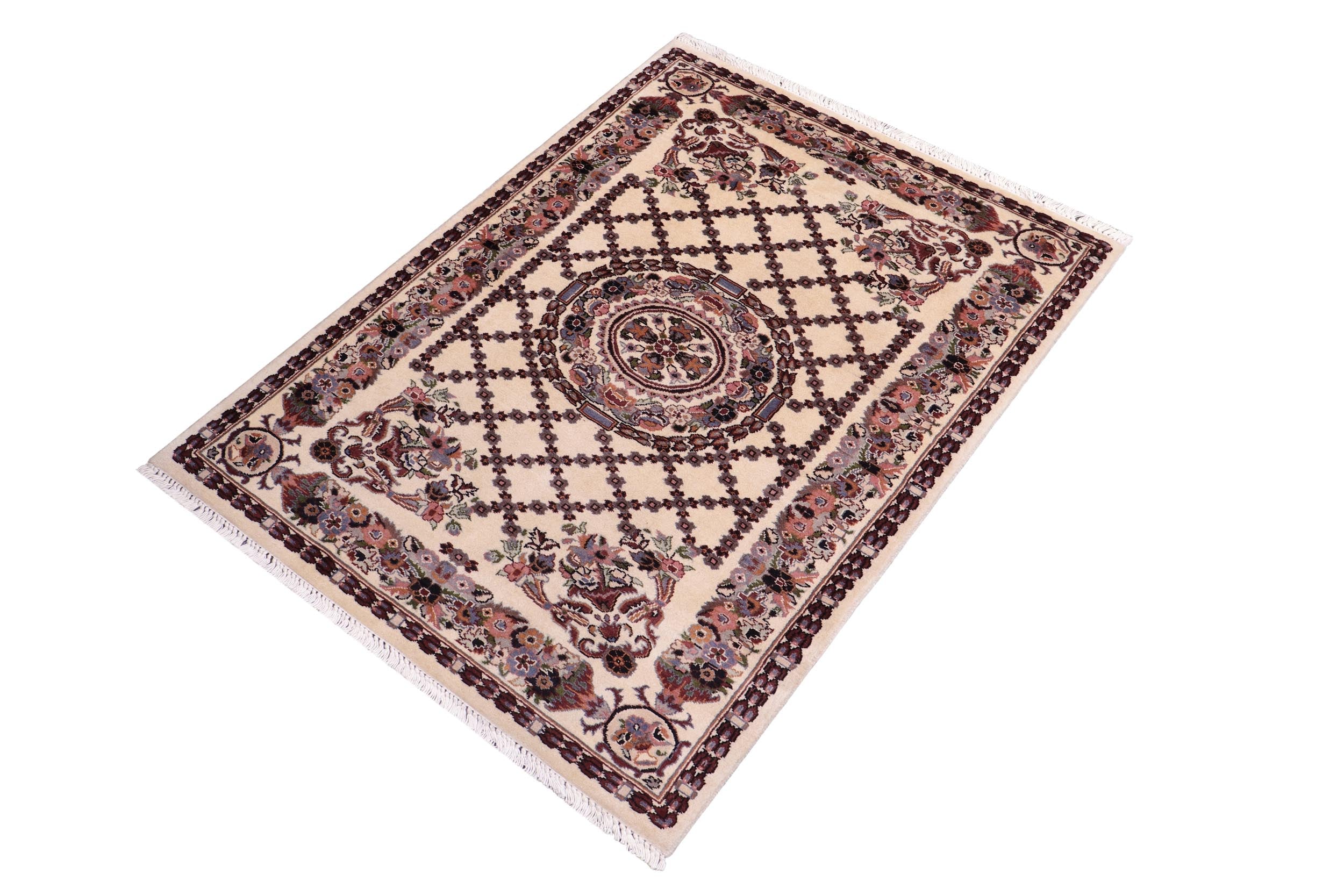 handmade Traditional Golden Ivory Blue Hand Knotted RECTANGLE 100% WOOL area rug 3x4