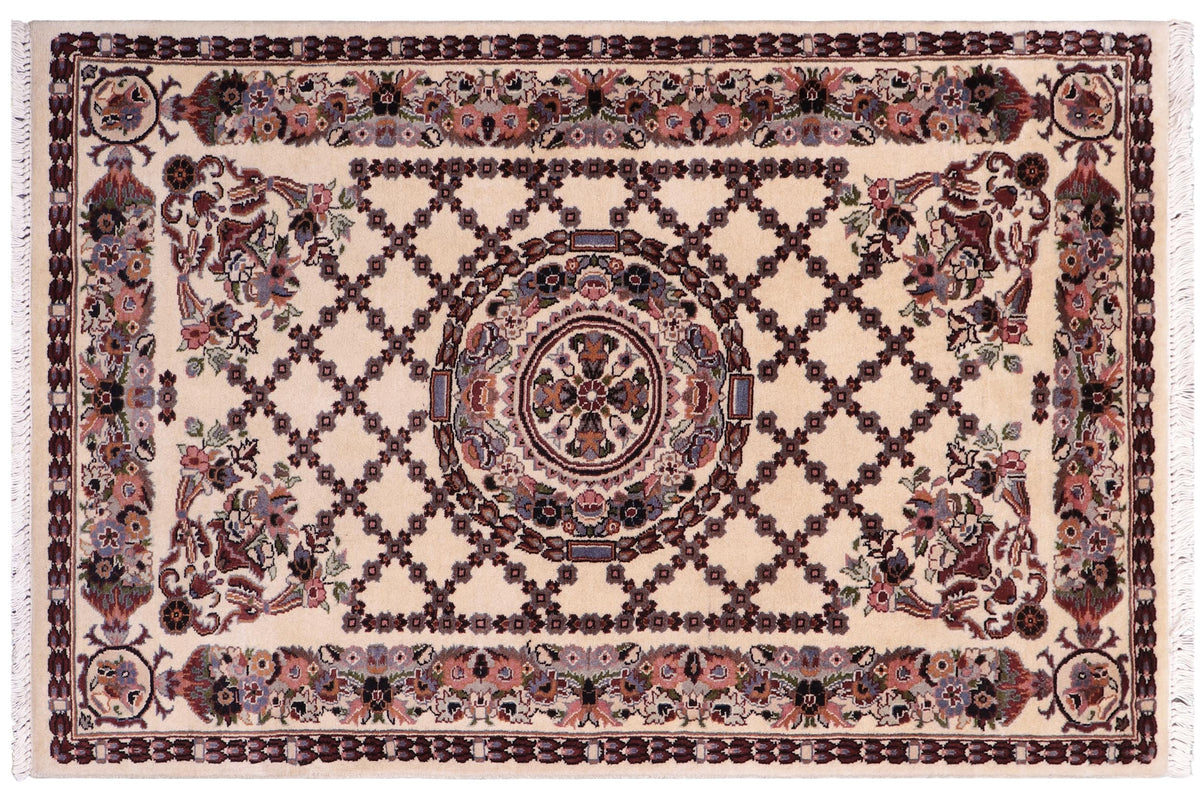 handmade Traditional Golden Ivory Blue Hand Knotted RECTANGLE 100% WOOL area rug 3x4