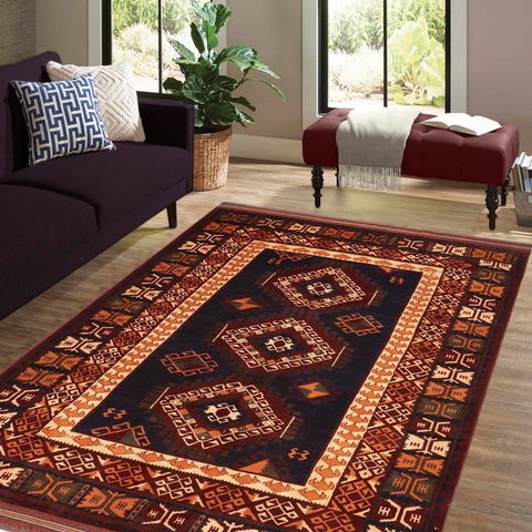 handmade Geometric Kargahi Blue Rust Hand Knotted RECTANGLE 100% WOOL area rug 7' x 10'