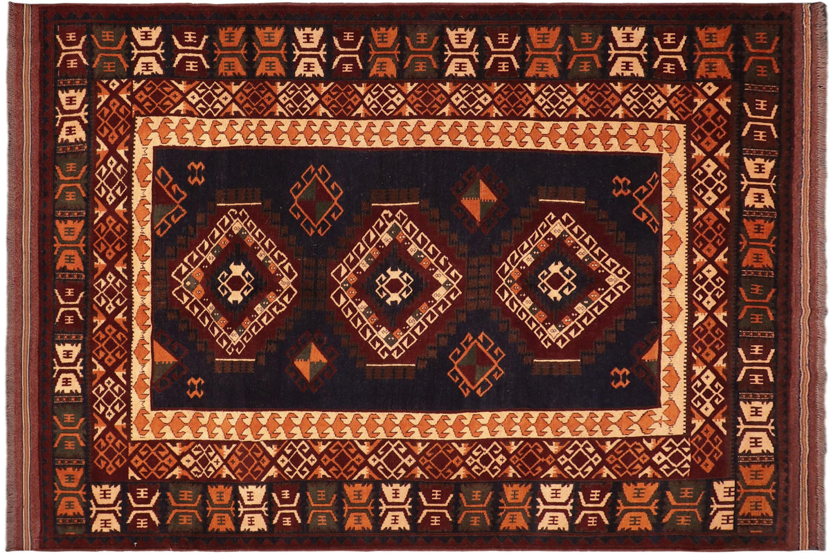 handmade Geometric Kargahi Blue Rust Hand Knotted RECTANGLE 100% WOOL area rug 7' x 10'