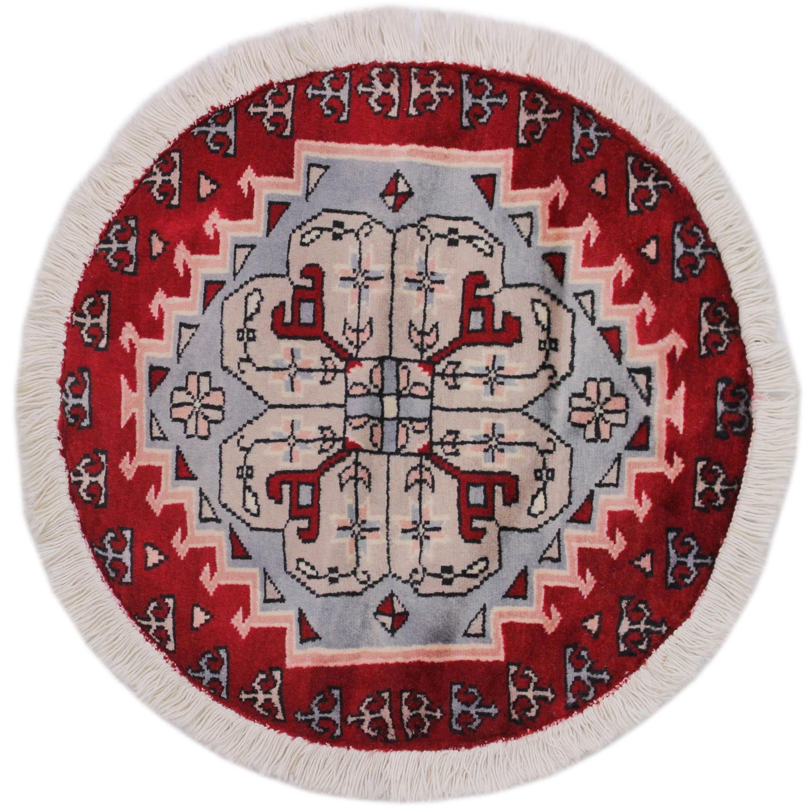 handmade Geometric Bokhara Red Grey Hand Knotted ROUND 100% WOOL area rug 2X2