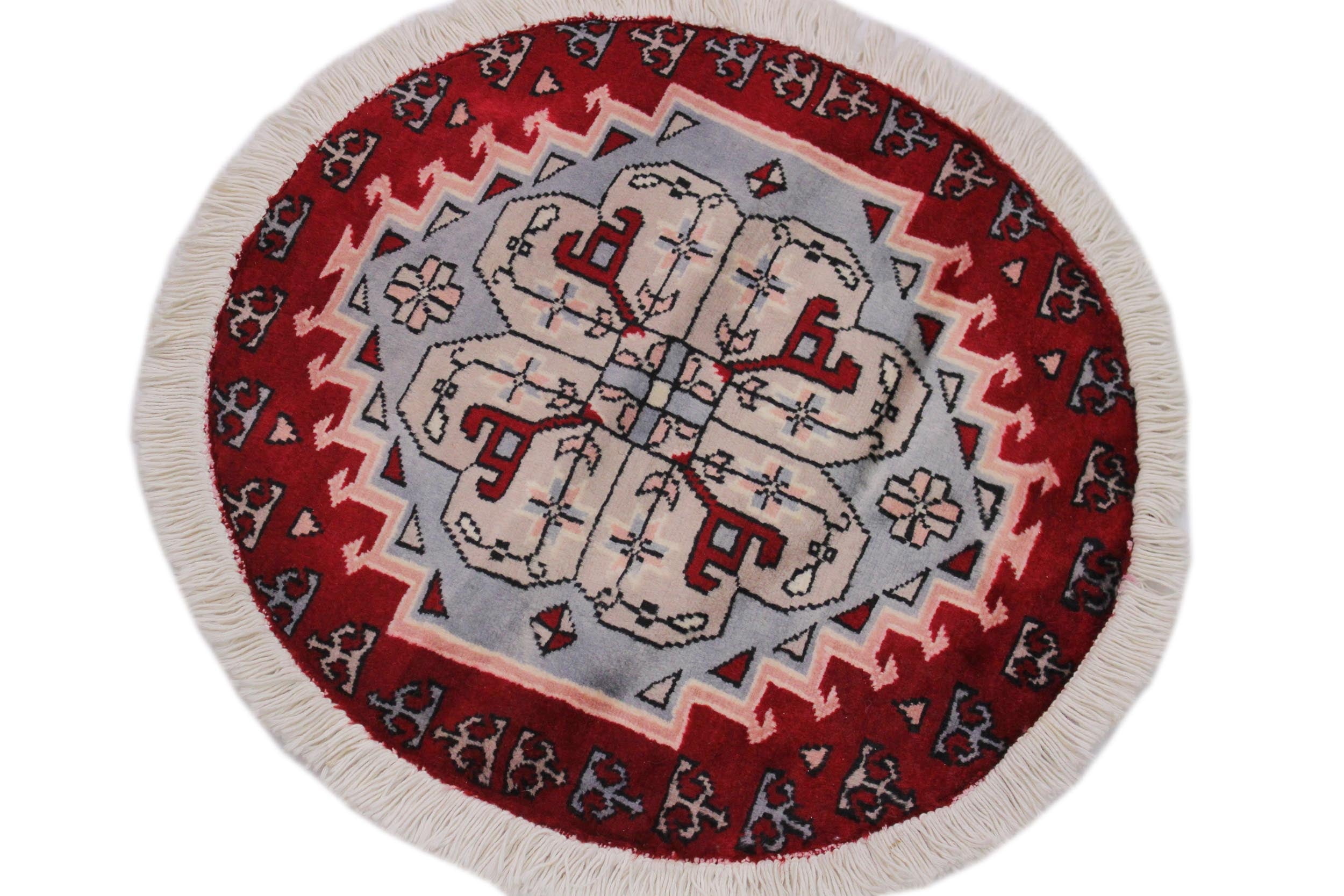 handmade Geometric Bokhara Red Grey Hand Knotted ROUND 100% WOOL area rug 2X2
