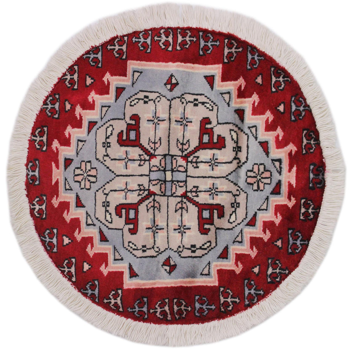 handmade Geometric Bokhara Red Grey Hand Knotted ROUND 100% WOOL area rug 2X2