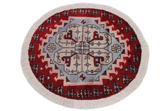 handmade Geometric Bokhara Red Grey Hand Knotted ROUND 100% WOOL area rug 2X2