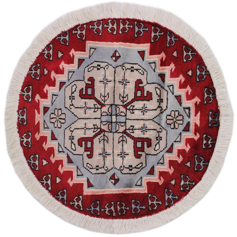handmade Geometric Bokhara Red Grey Hand Knotted ROUND 100% WOOL area rug 2X2