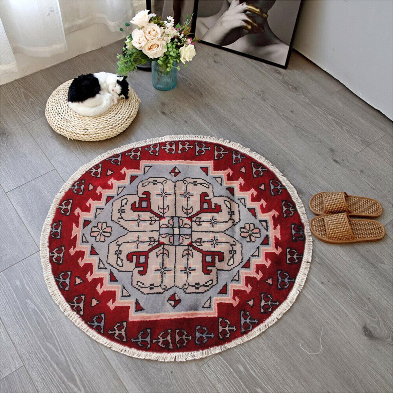 handmade Geometric Bokhara Red Grey Hand Knotted ROUND 100% WOOL area rug 2X2