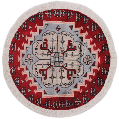 handmade Geometric Bokhara Red Grey Hand Knotted ROUND 100% WOOL area rug 2X2