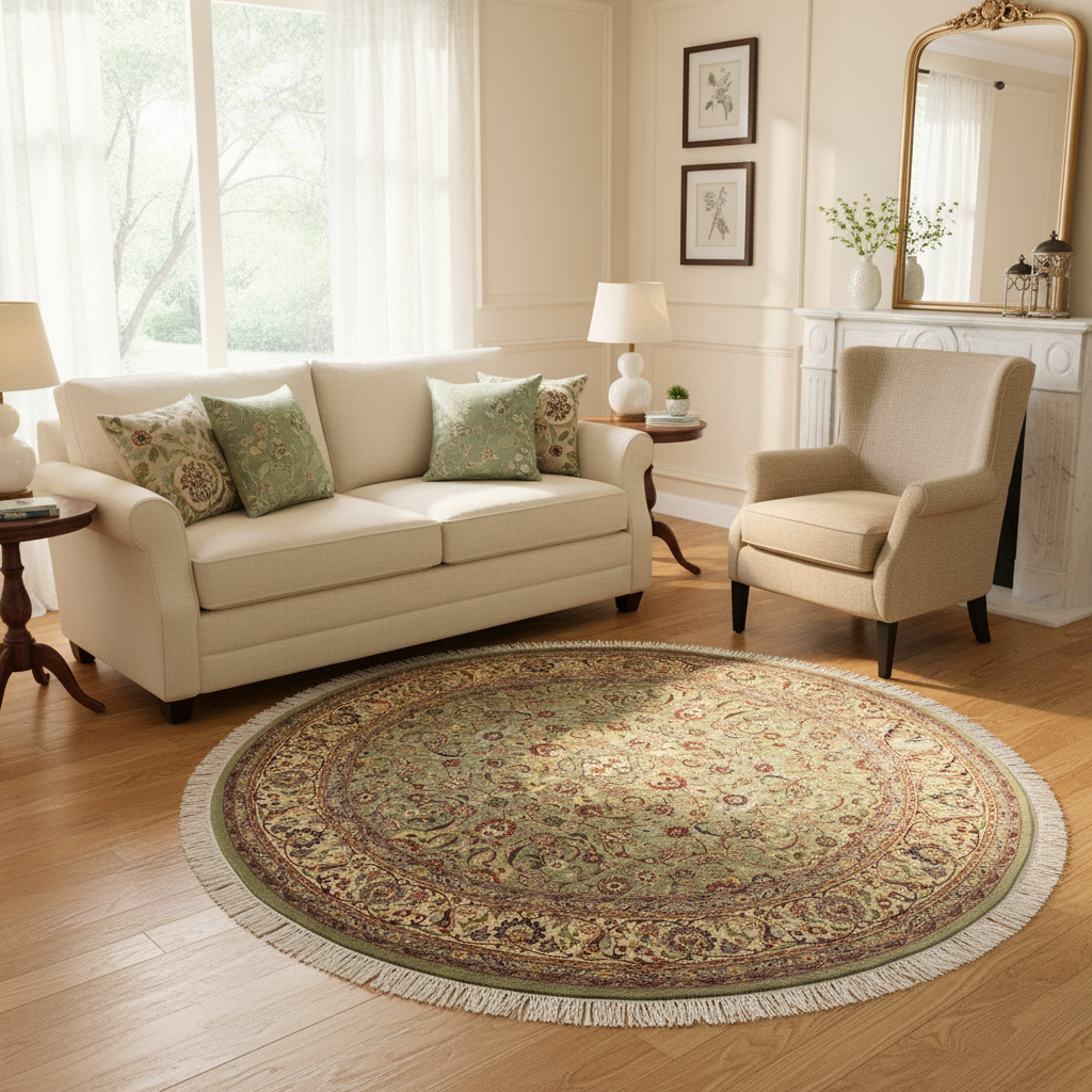 handmade Traditional Abasi Afsha Green Beige Hand Knotted ROUND 100% WOOL area rug 8'x8'