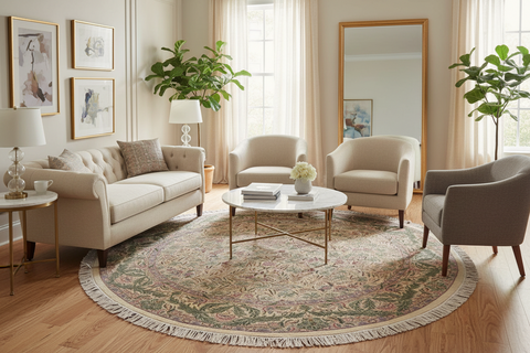 handmade Traditional Imran Beige Green Hand Knotted ROUND 100% WOOL area rug 8' x 8'