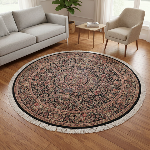 handmade Traditional Kashan Black Pink Hand Knotted ROUND 100% WOOL area rug 8x8