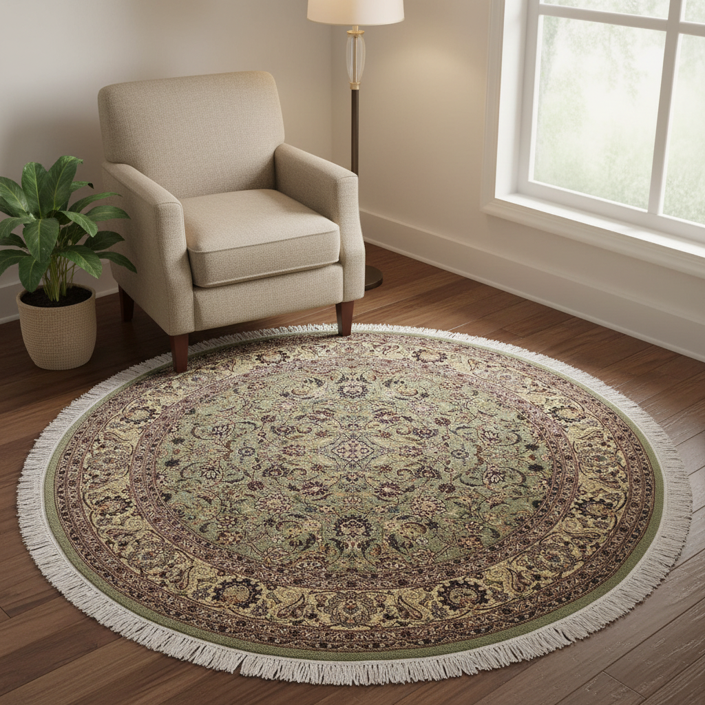 handmade Traditional Abasi Afsha Green Beige Hand Knotted ROUND 100% WOOL area rug 6x6