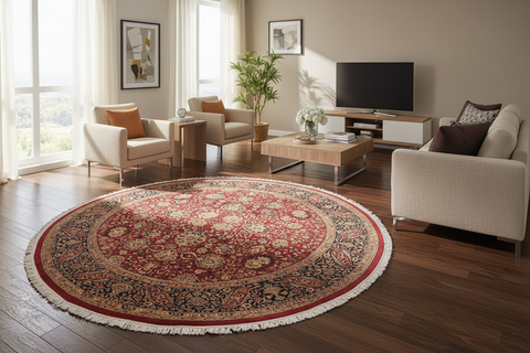 handmade Traditional Round Kashan Red Blue Hand Knotted ROUND 100% WOOL area rug 8' x 8'