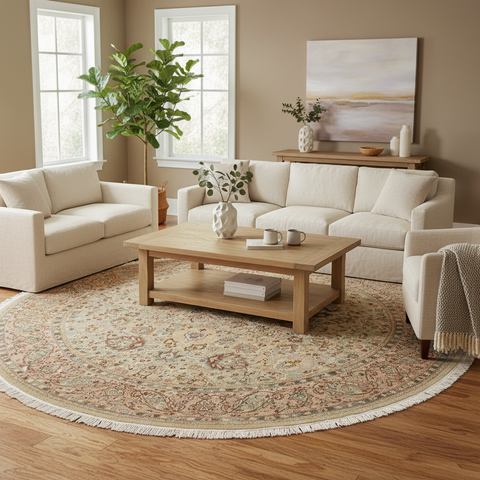 Antique Vegetable Dyed Kashan Hailey Taupe/Pink Wool Round - 7'10'' x 7'11''