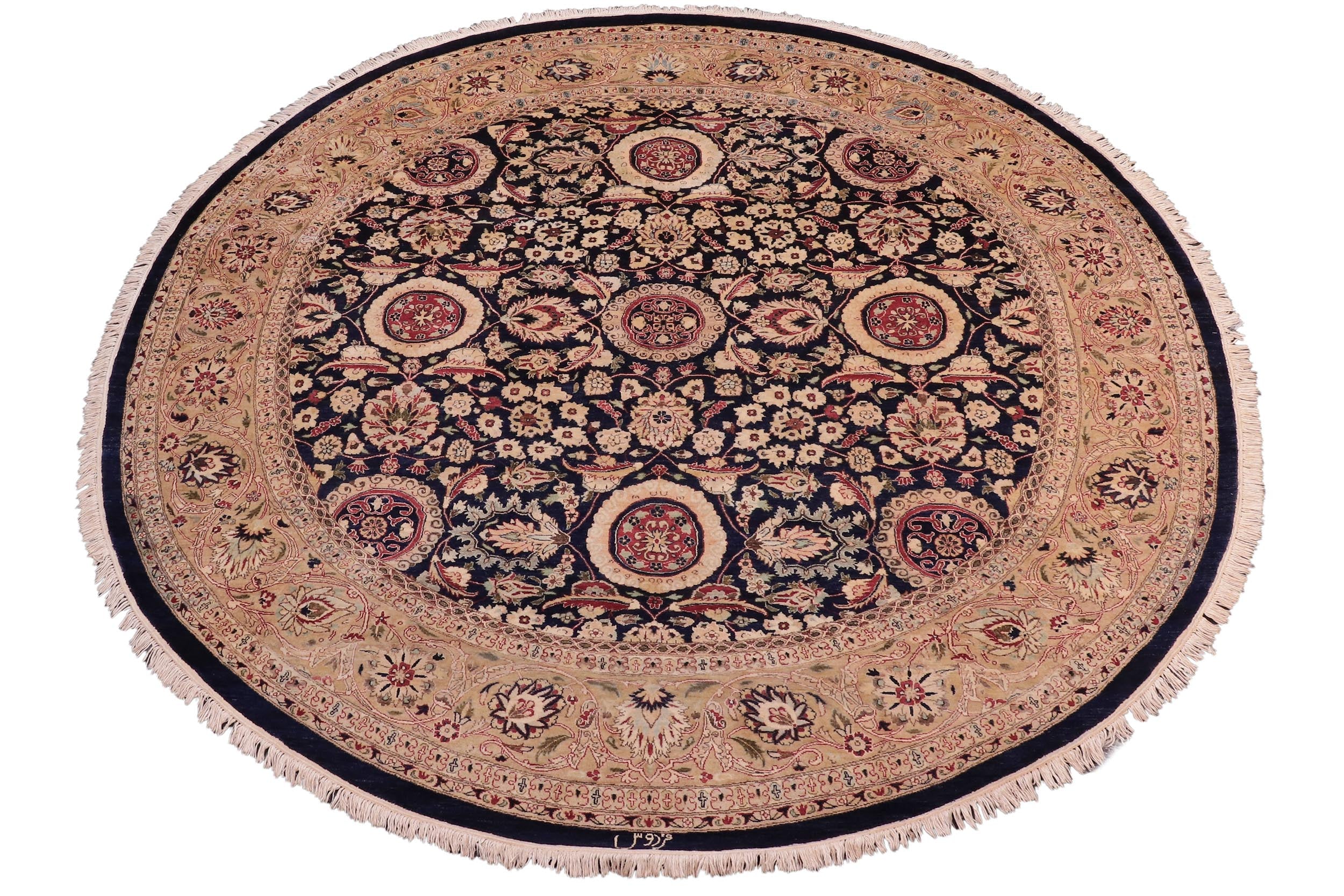 handmade Traditional Round Agra Tabriz Blue Tan Hand Knotted ROUND 100% WOOL area rug 8' x 8'