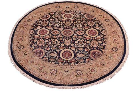 handmade Traditional Round Agra Tabriz Blue Tan Hand Knotted ROUND 100% WOOL area rug 8' x 8'