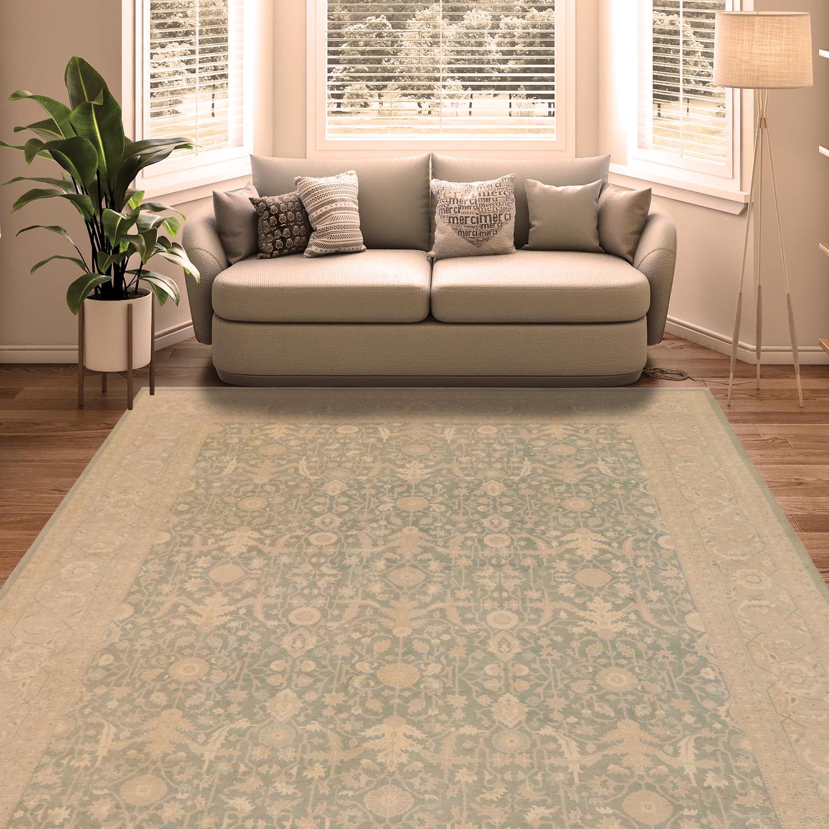 handmade Transitional Kafkaz Green Gray Hand Knotted RECTANGLE 100% WOOL area rug 9x12