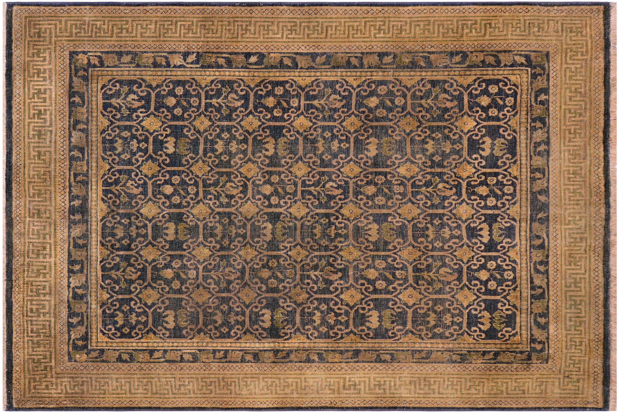 handmade Transitional Antique Blue Gold Hand Knotted RECTANGLE 100% WOOL area rug 6' x 7'
