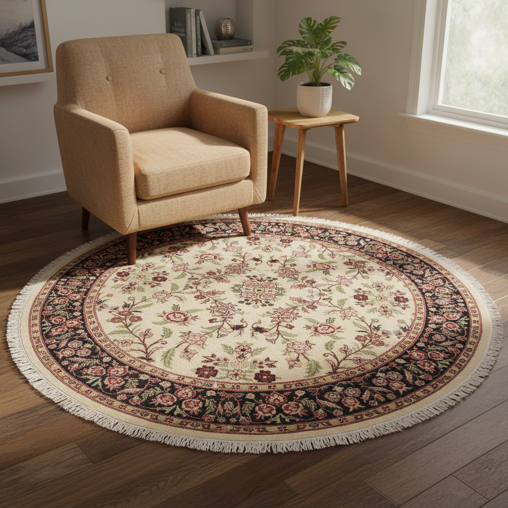 handmade Traditional Kashan Beige Black Hand Knotted ROUND 100% WOOL area rug 6'x6'