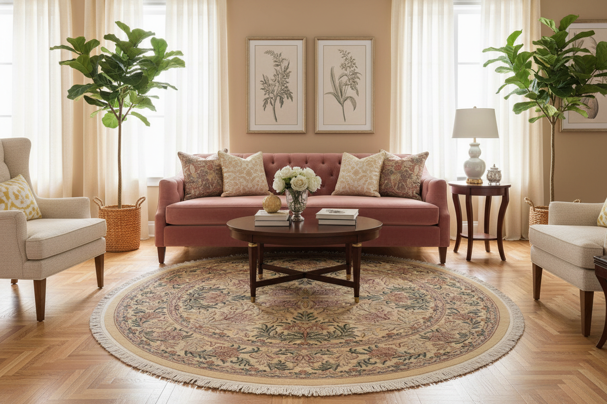 handmade Traditional Tulip Gold Pink Hand Knotted ROUND 100% WOOL area rug 8' x 8'