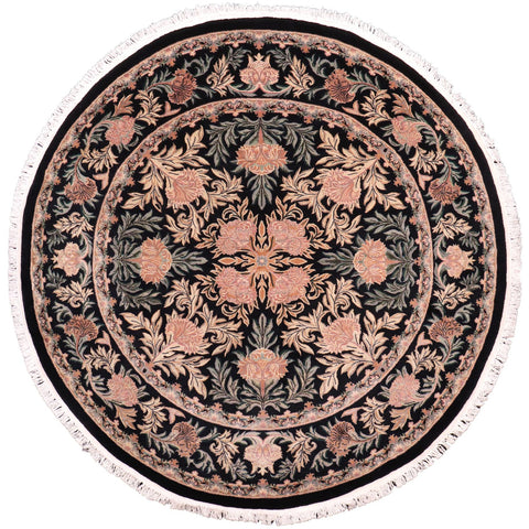 handmade Traditional Tulip Black Tan Hand Knotted ROUND 100% WOOL area rug 8' x 8'