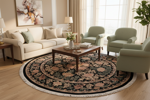 handmade Traditional Tulip Black Tan Hand Knotted ROUND 100% WOOL area rug 8' x 8'