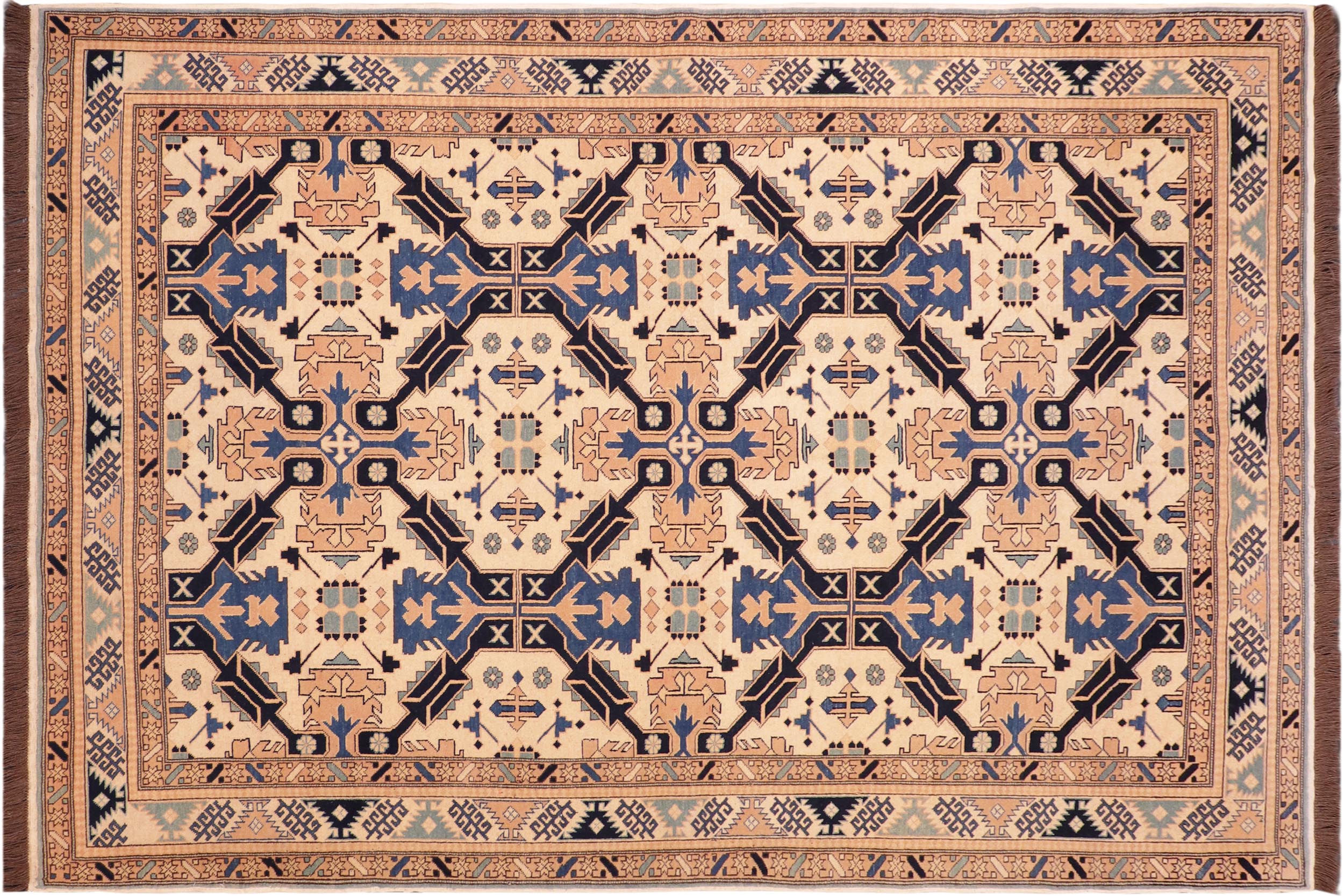 handmade Geometric Kargahi Beige Blue Hand Knotted RECTANGLE 100% WOOL area rug 6' x 9'