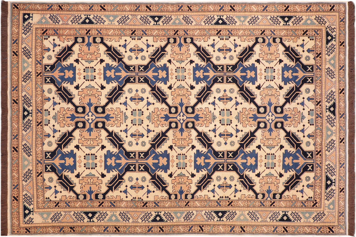 handmade Geometric Kargahi Beige Blue Hand Knotted RECTANGLE 100% WOOL area rug 6' x 9'