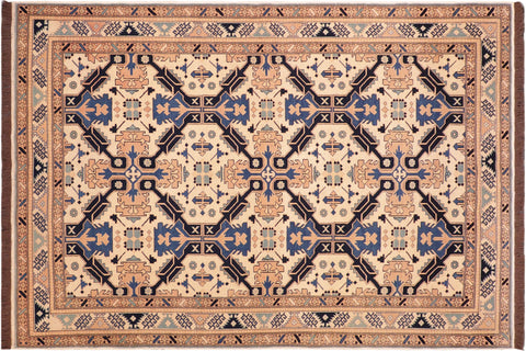 handmade Geometric Kargahi Beige Blue Hand Knotted RECTANGLE 100% WOOL area rug 6' x 9'