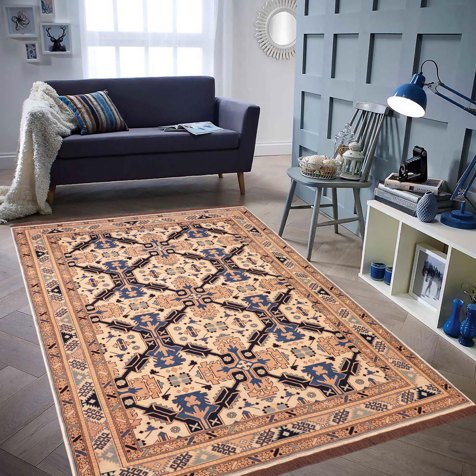 handmade Geometric Kargahi Beige Blue Hand Knotted RECTANGLE 100% WOOL area rug 6' x 9'