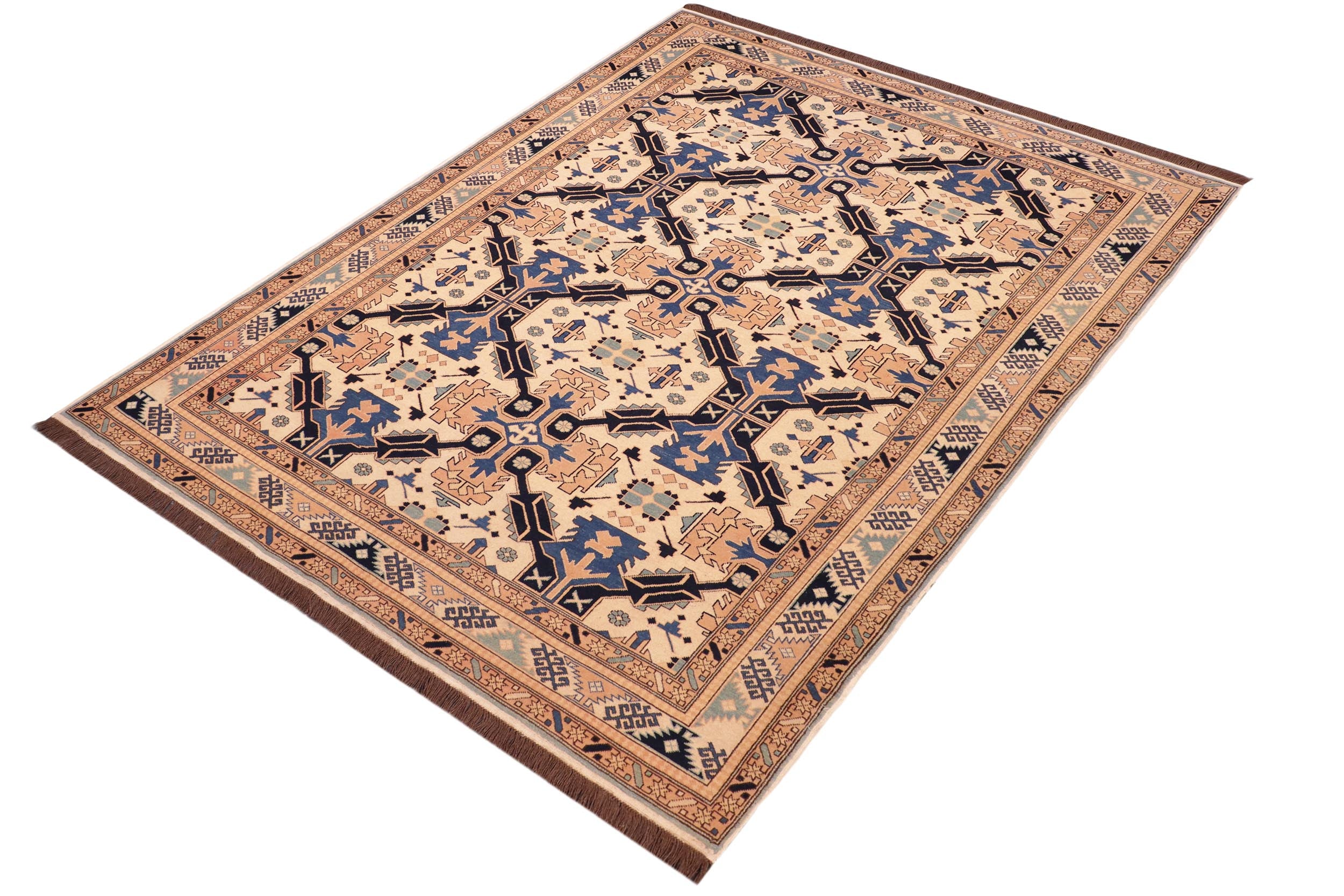 handmade Geometric Kargahi Beige Blue Hand Knotted RECTANGLE 100% WOOL area rug 6' x 9'