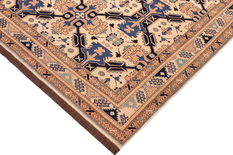 handmade Geometric Kargahi Beige Blue Hand Knotted RECTANGLE 100% WOOL area rug 6' x 9'