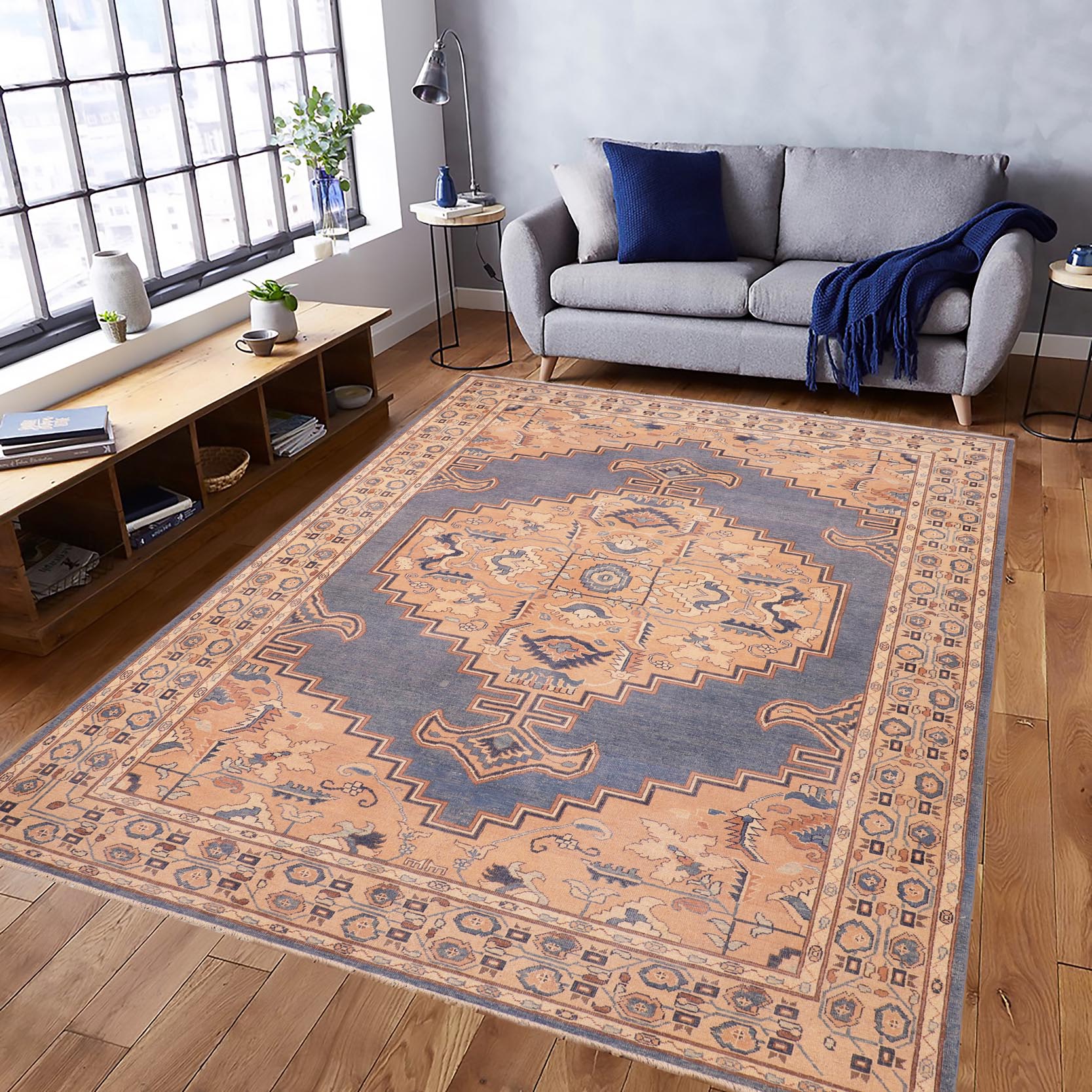 handmade Traditional Antique Blue Tan Hand Knotted RECTANGLE 100% WOOL area rug 6' x 9'
