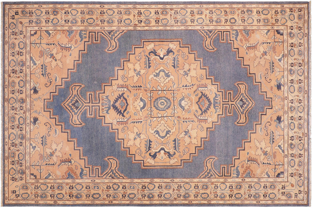 Vintage Distressed Rosena Blue/Tan Hand Knotted Wool Rug - 6'4'' x 9'5''