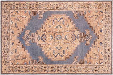 Vintage Distressed Rosena Blue/Tan Hand Knotted Wool Rug - 6'4'' x 9'5''