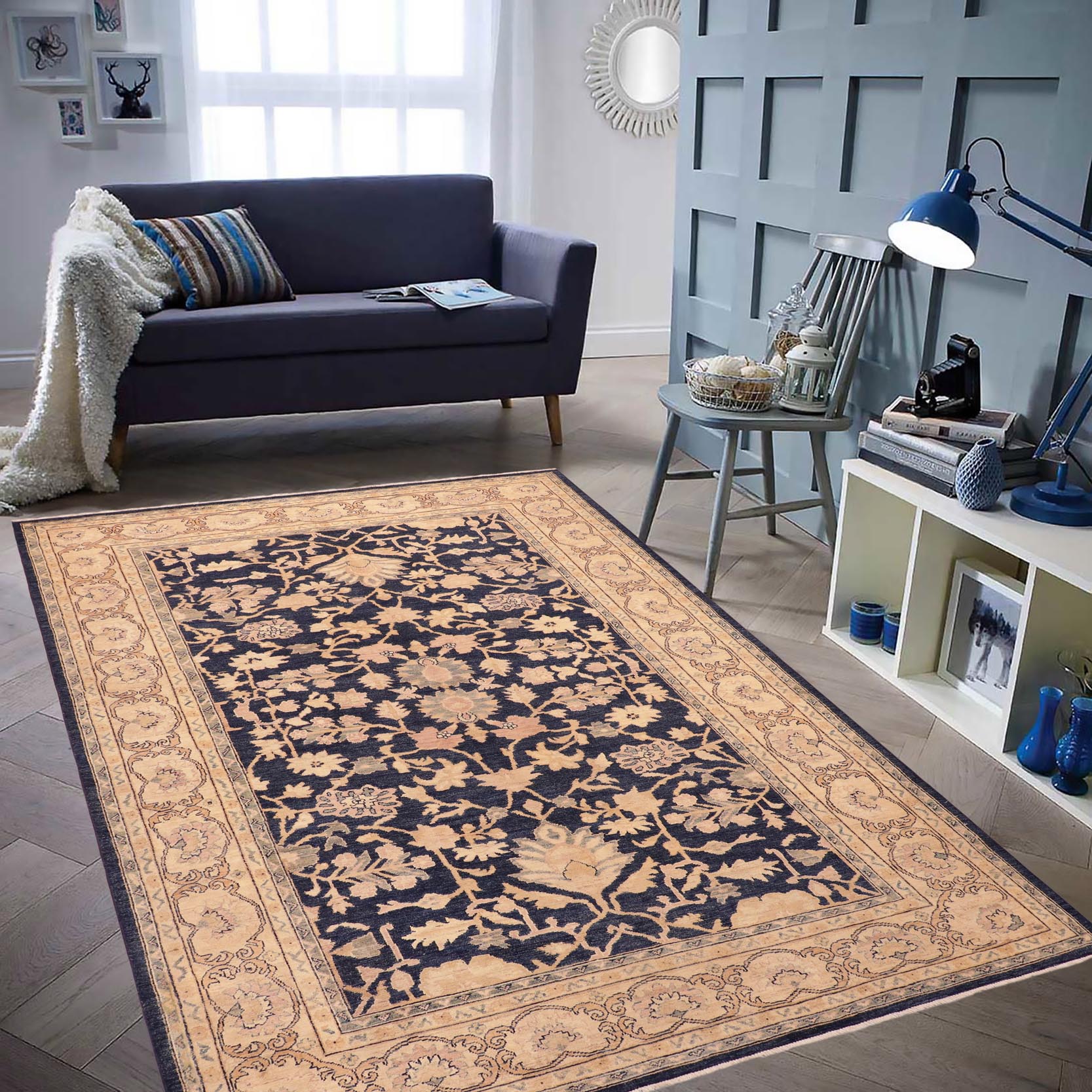 handmade Traditional Kafkaz Blue Tan Hand Knotted RECTANGLE 100% WOOL area rug 6x9