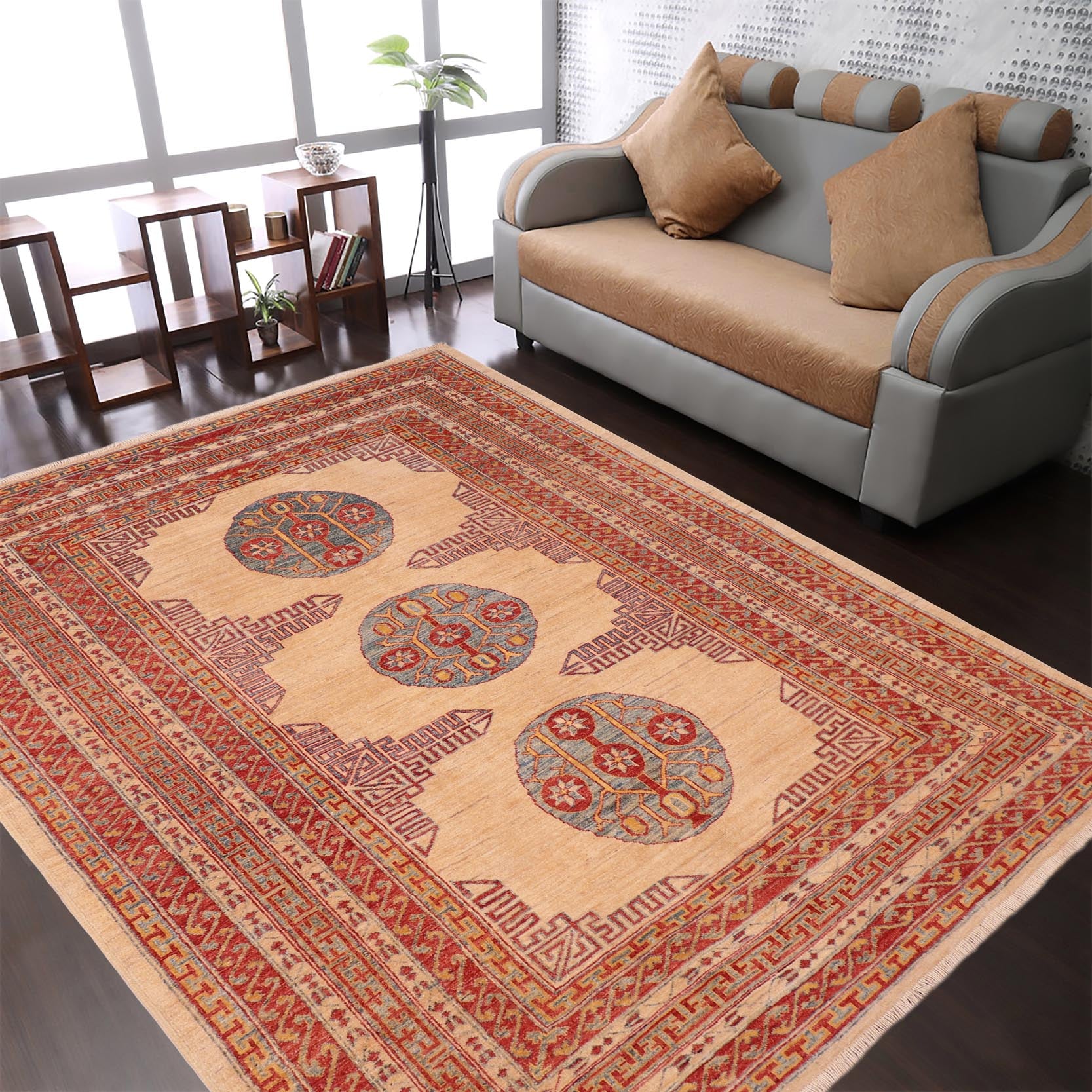 handmade Traditional Kafkaz Beige Rust Hand Knotted RECTANGLE 100% WOOL area rug 6x8