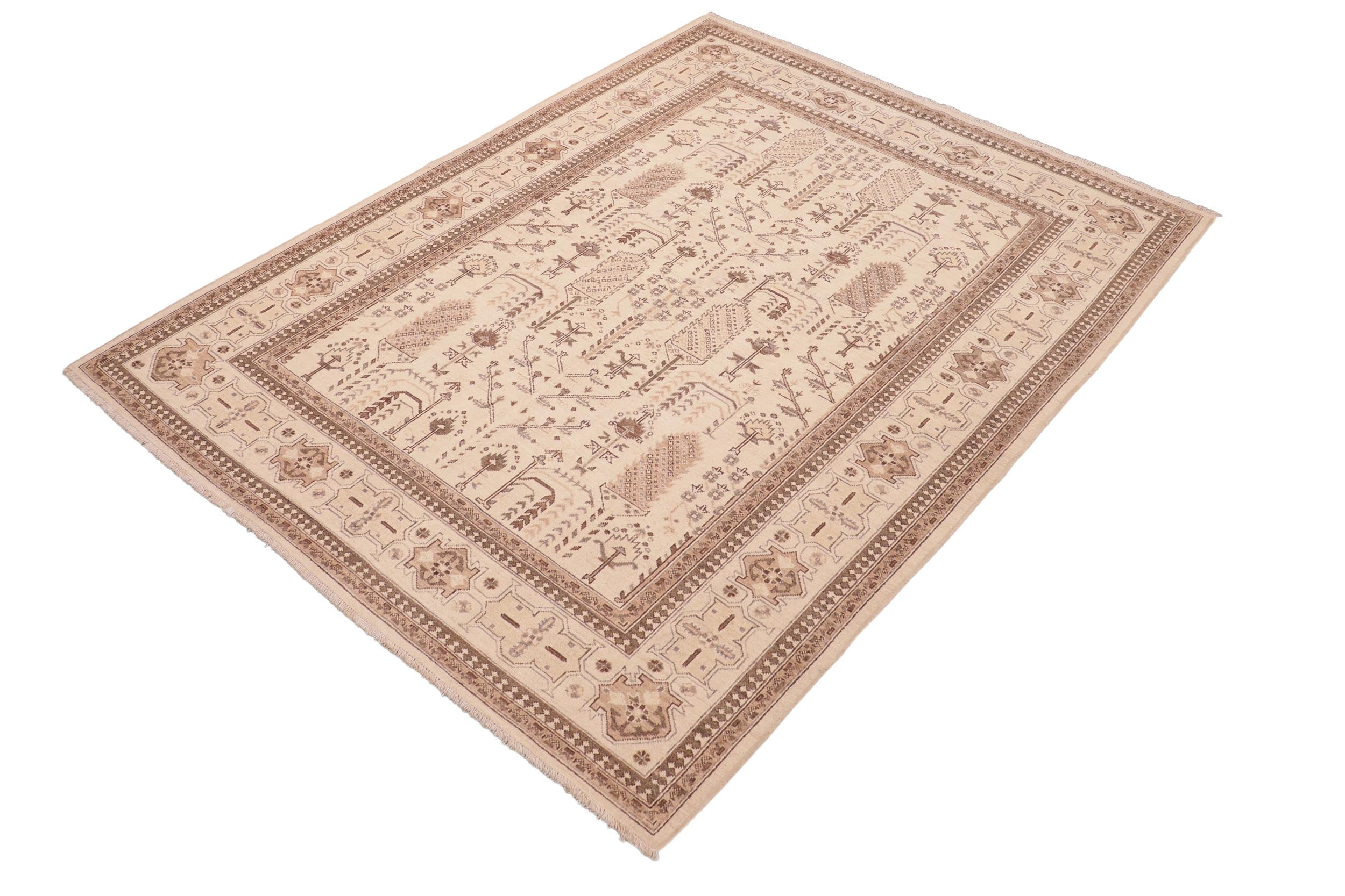 handmade Geometric Kafkaz Beige Brown Hand Knotted RECTANGLE 100% WOOL area rug 6' x 9'