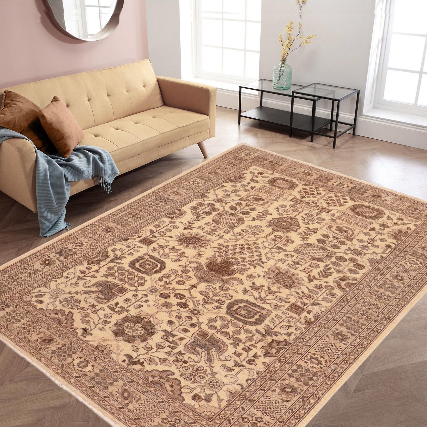 handmade Geometric Kafkaz Tan Beige Hand Knotted RECTANGLE 100% WOOL area rug 6' x 9'