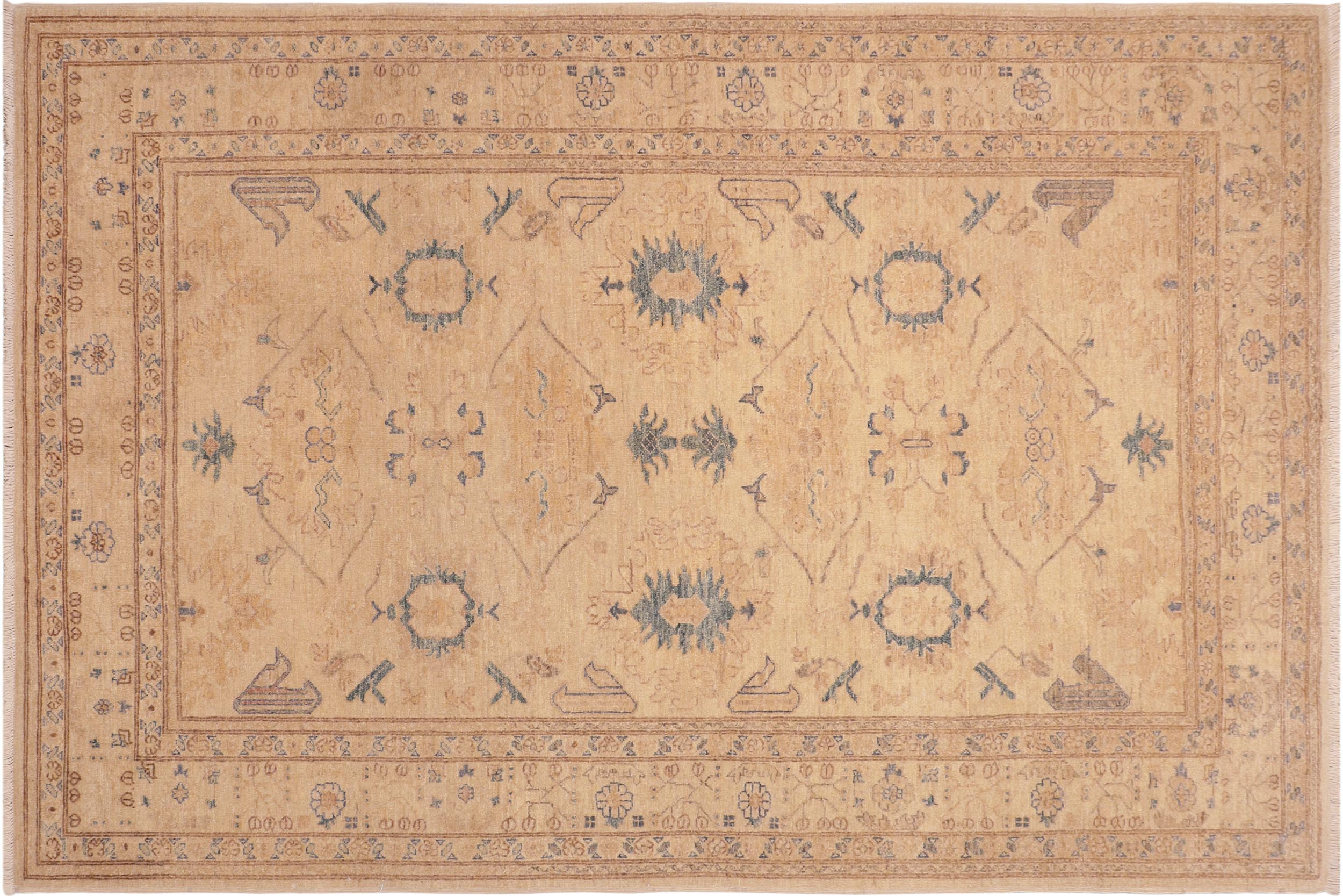 handmade Traditional Kafkaz Tan Blue Hand Knotted RECTANGLE 100% WOOL area rug 6x9