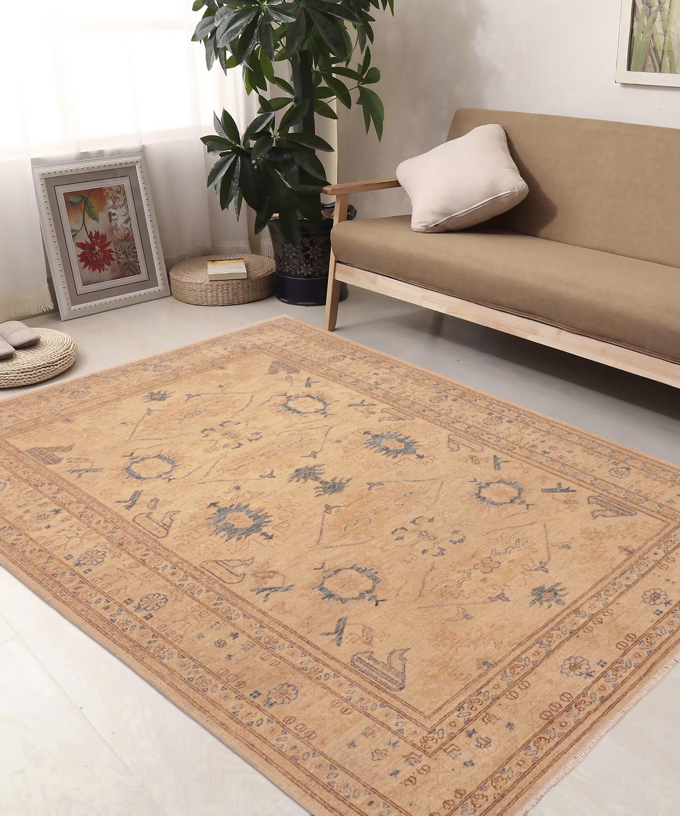 handmade Traditional Kafkaz Tan Blue Hand Knotted RECTANGLE 100% WOOL area rug 6x9