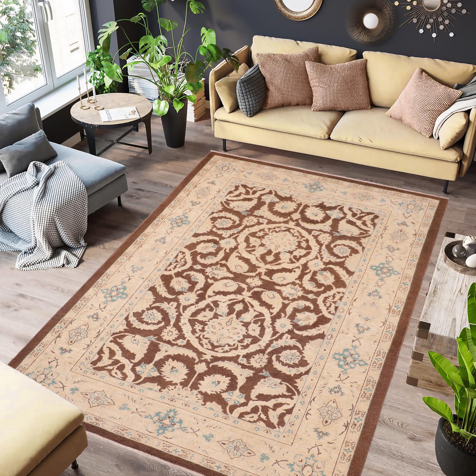 handmade Traditional Kafkaz Brown Tan Hand Knotted RECTANGLE 100% WOOL area rug 6x9