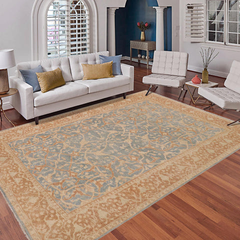 handmade Transitional Kafkaz Blue Brown Hand Knotted RECTANGLE 100% WOOL area rug 9' x 12'