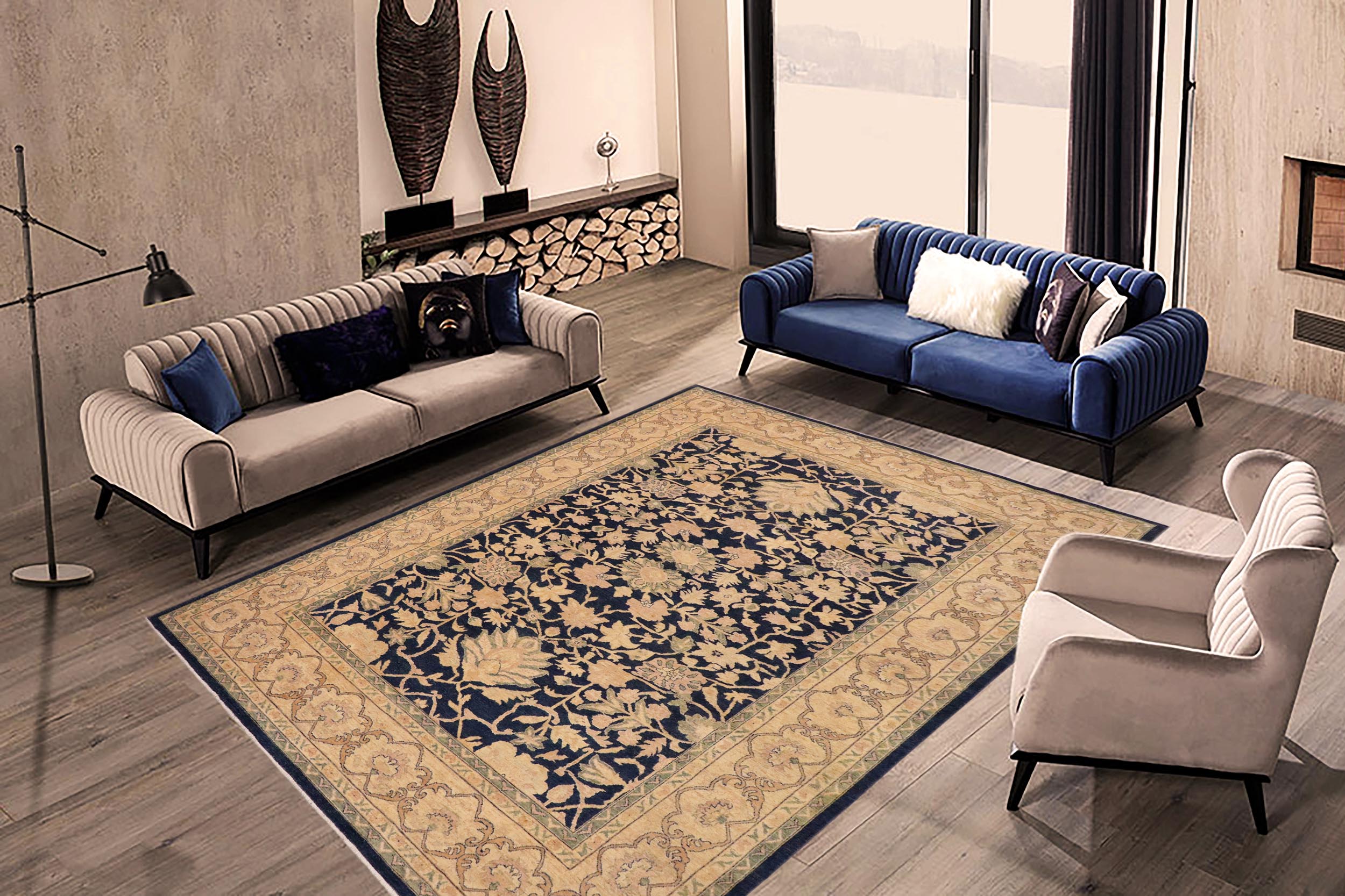 handmade Transitional Kafkaz Blue Beige Hand Knotted RECTANGLE 100% WOOL area rug 9' x 13'