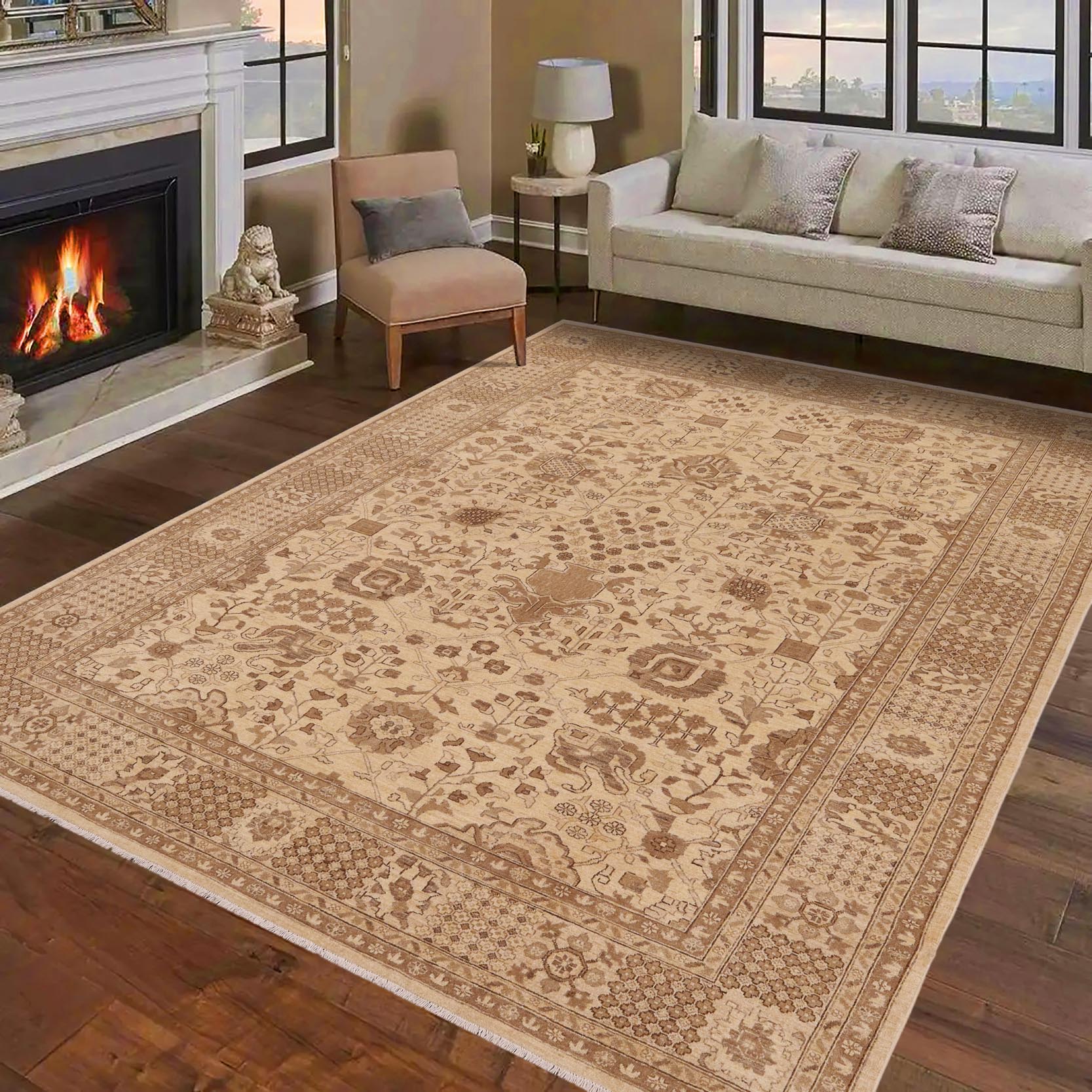 handmade Traditional Kafkaz Beige Tan Hand Knotted RECTANGLE 100% WOOL area rug 9x12