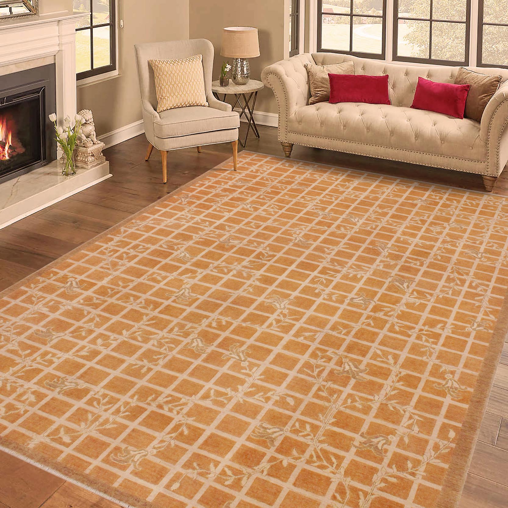 handmade Modern Kafkaz Orange Beige Hand Knotted RECTANGLE 100% WOOL area rug 9' x 12'