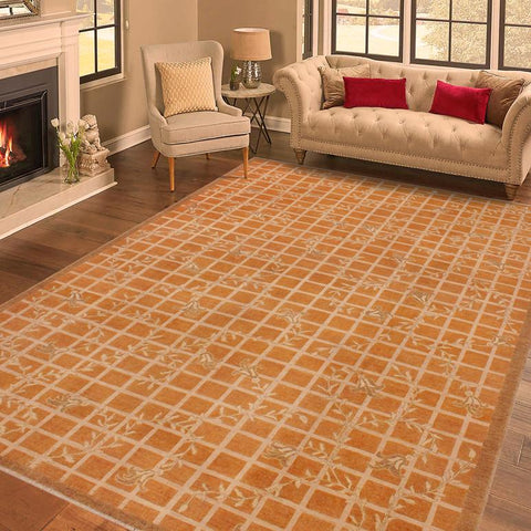 handmade Transitional Kafkaz Orange Beige Hand Knotted RECTANGLE 100% WOOL area rug 9X12