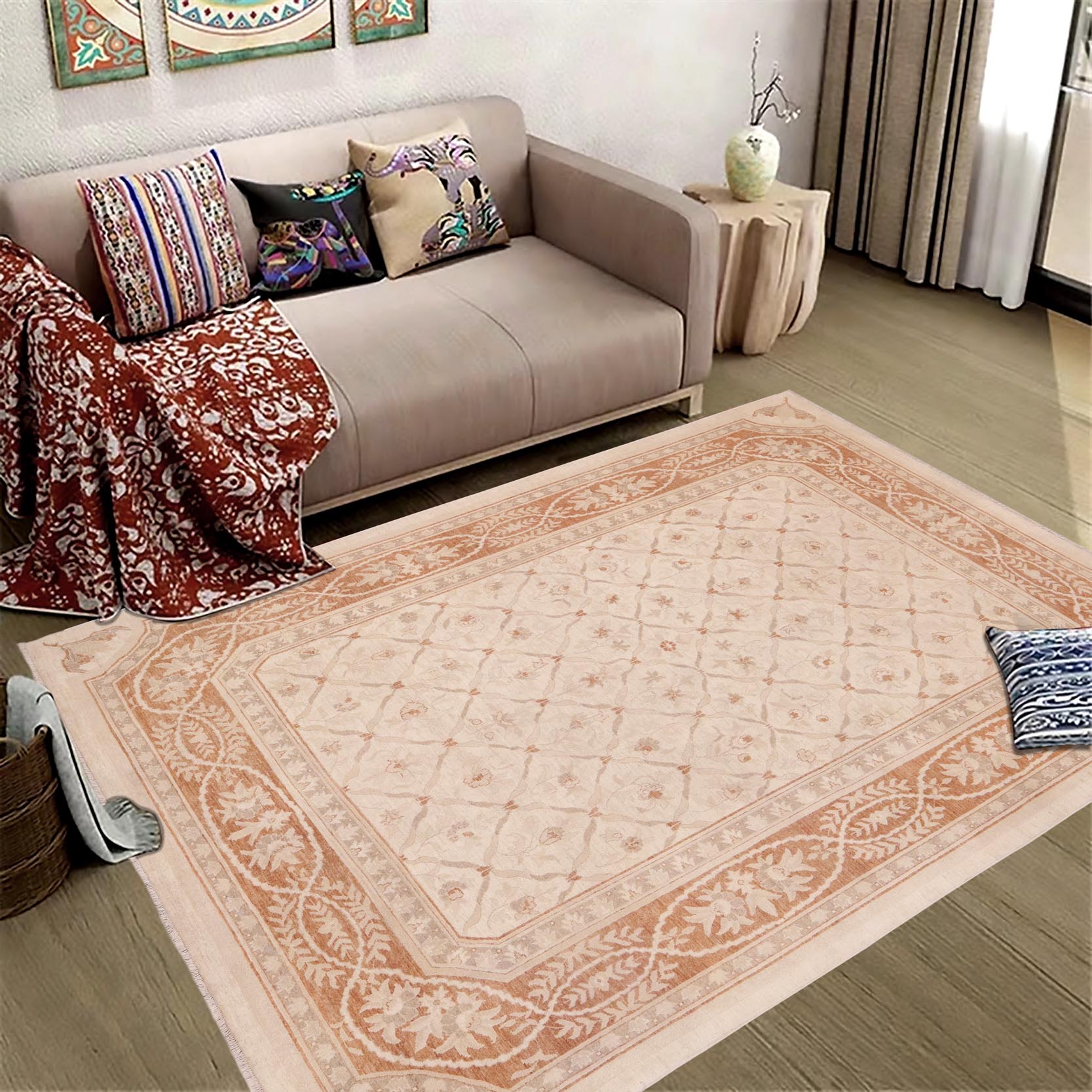 handmade Transitional Kafkaz Beige Copper Hand Knotted RECTANGLE 100% WOOL area rug 9' x 12'