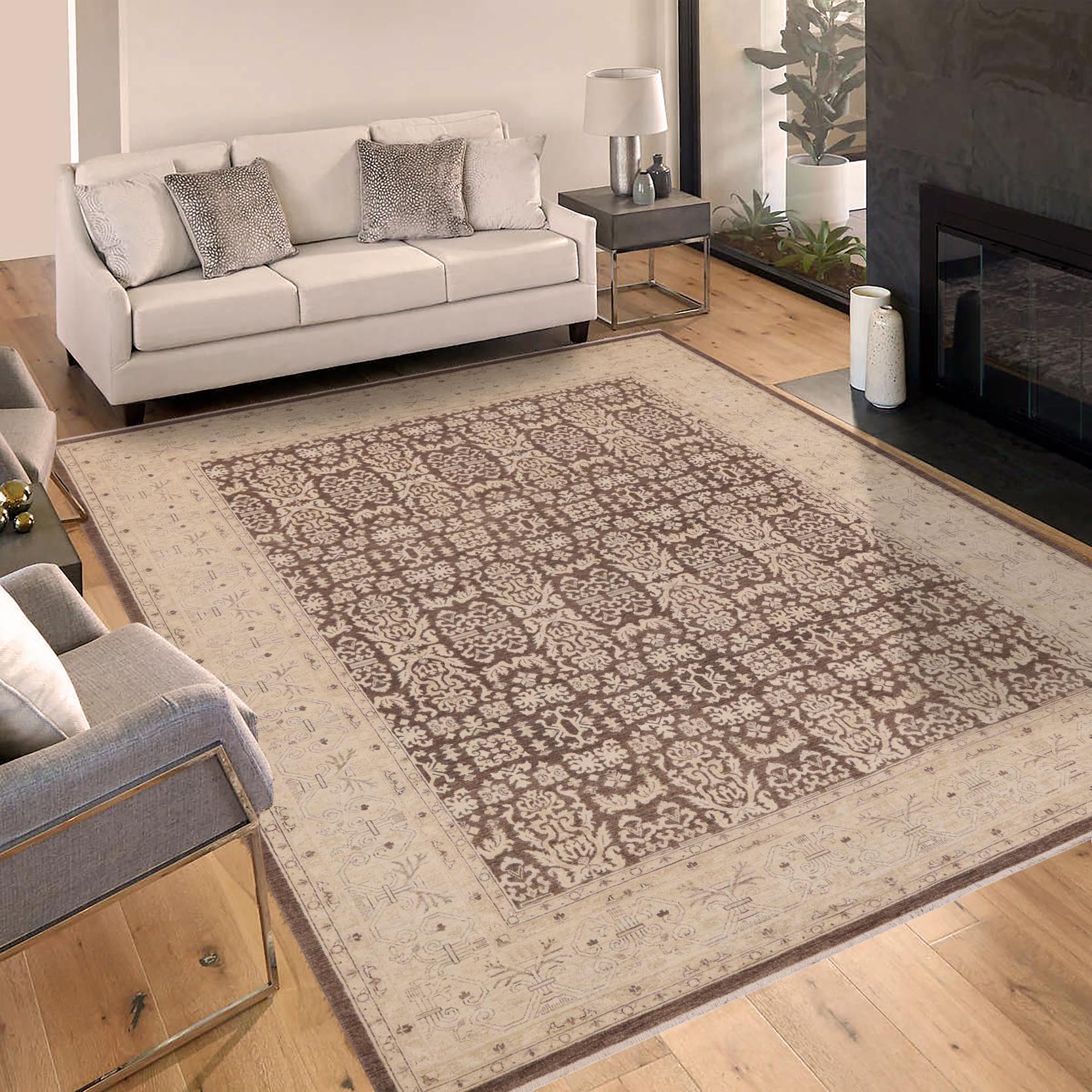 handmade Transitional Kafkaz Brown Beige Hand Knotted RECTANGLE 100% WOOL area rug 9' x 12'