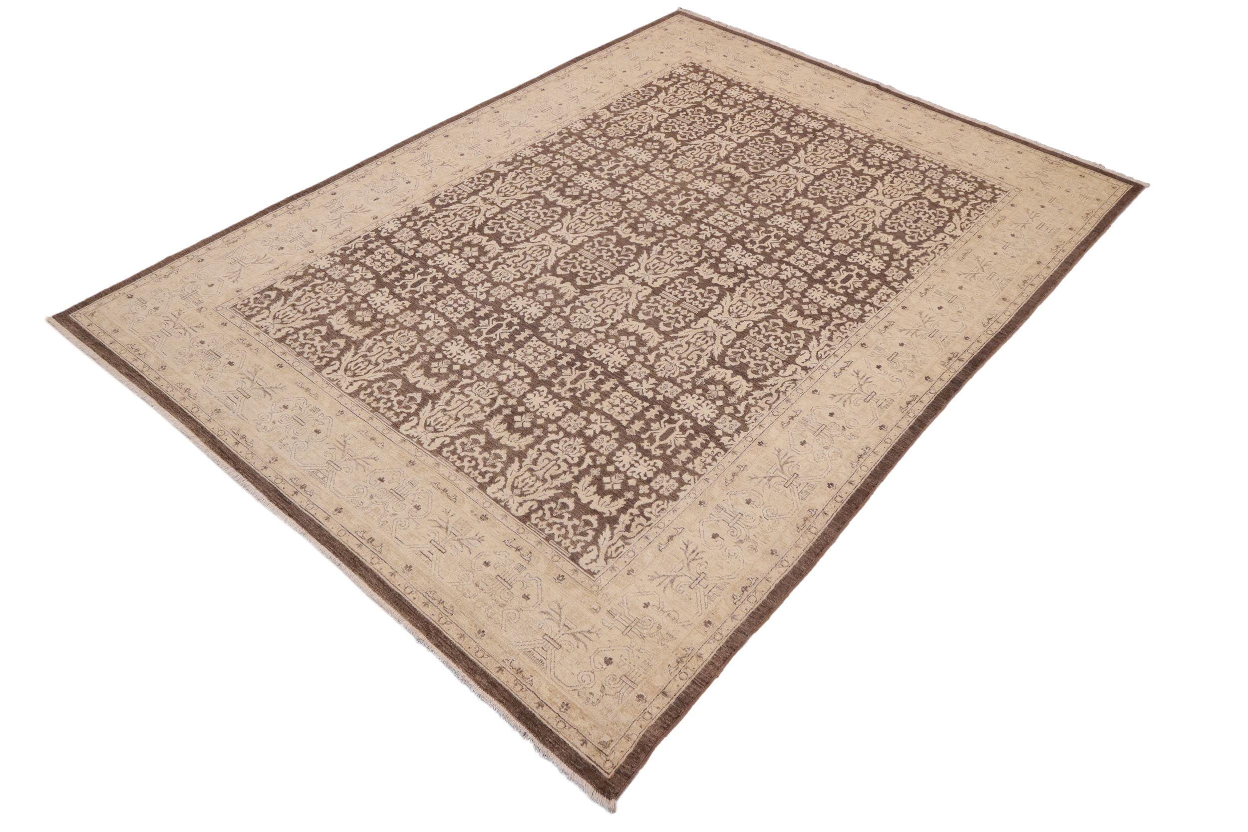 handmade Transitional Kafkaz Brown Beige Hand Knotted RECTANGLE 100% WOOL area rug 9' x 12'